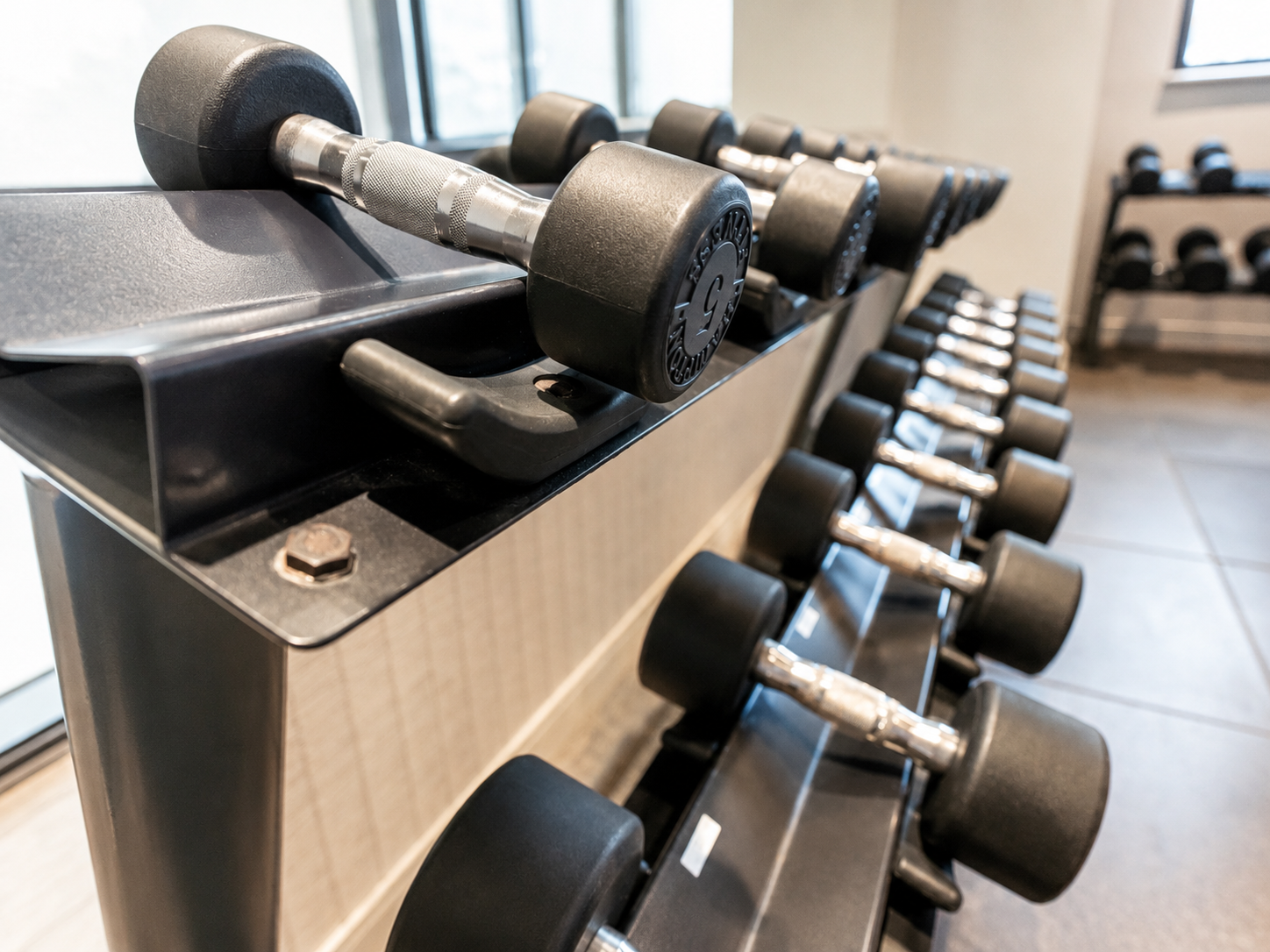 Dumbbell rack in the fitness amenity space at The Corinthian