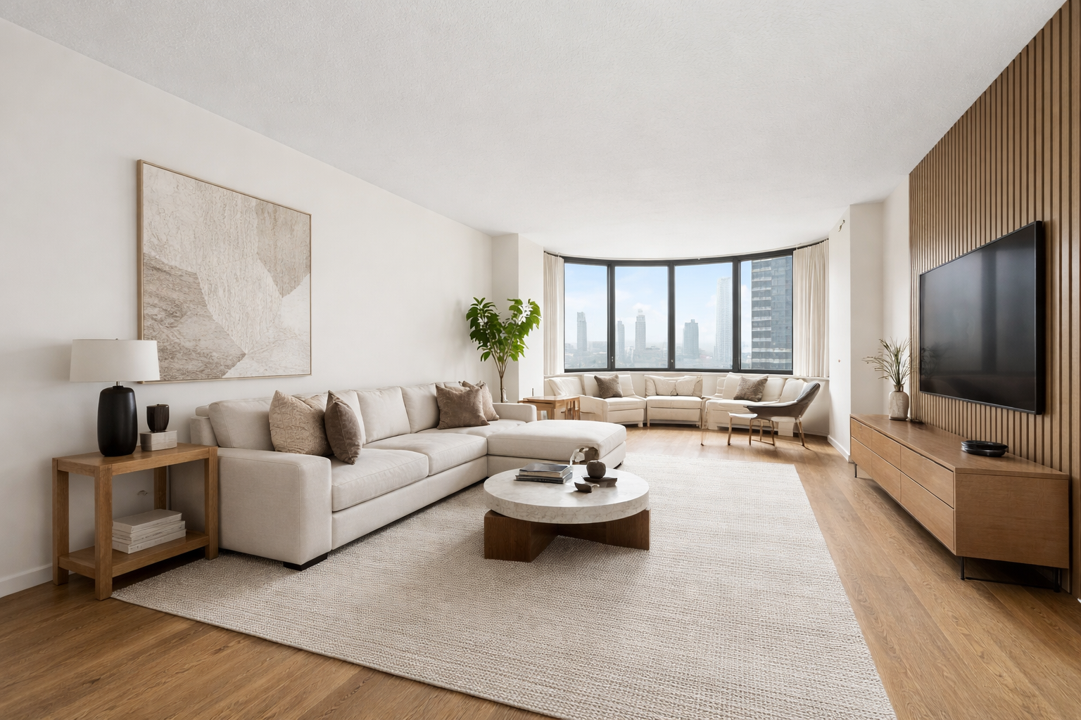 Living room with East River views at The Corinthian Residence 21J